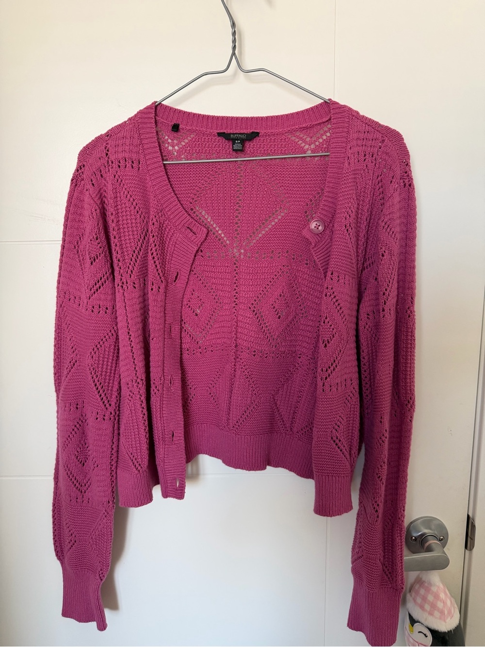 Buffalo David Bitton Fuchsia Openwork Button-Front Cardigan